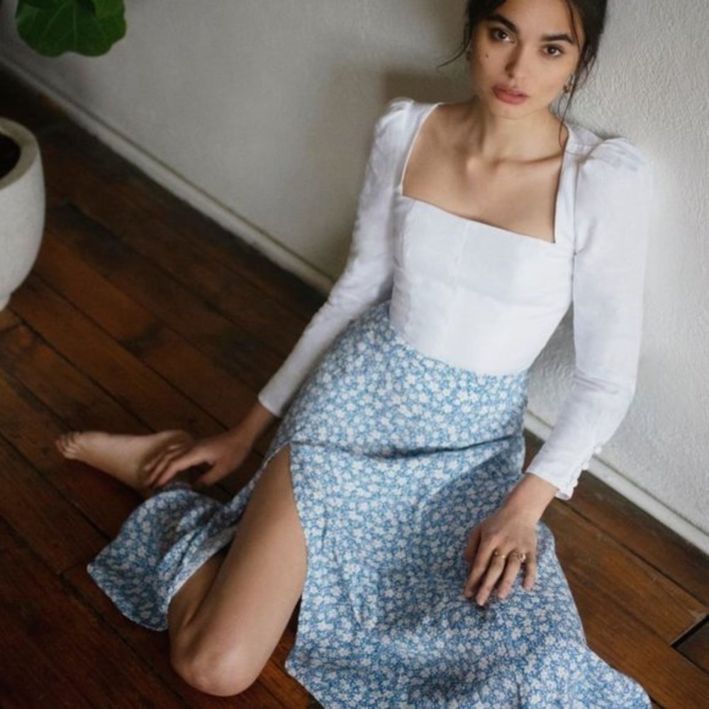 Reformation Blue Floral Midi Skirt